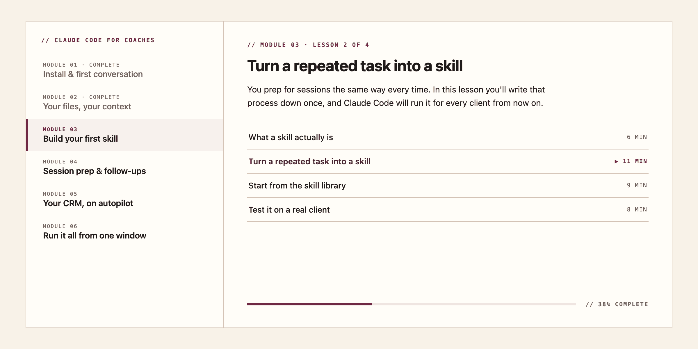 Claude Code for Coaches — self-paced course module screen